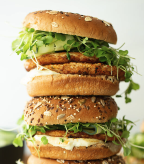 stacked salmon burgers from lazy acres market 