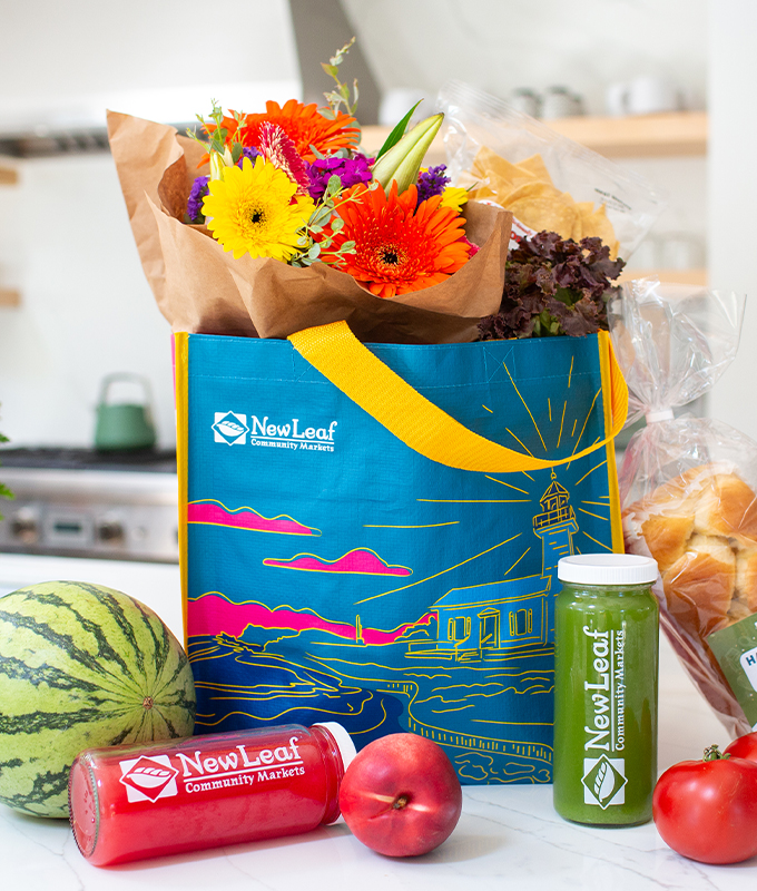 new leaf reusable bag loaded with groceries 